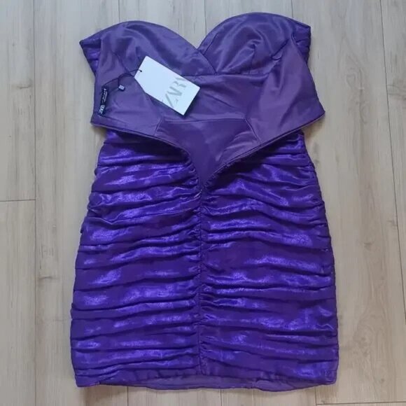 Zara Strapless Mini Dress Metallic Purple S NWT - Picture 5 of 7